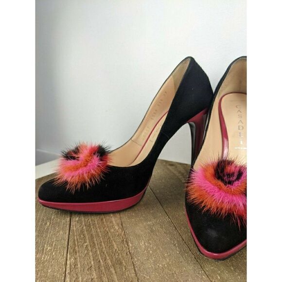 Casadei heels black pink suede ultra high sexy platform fur pompom sz 7 - Picture 3 of 12